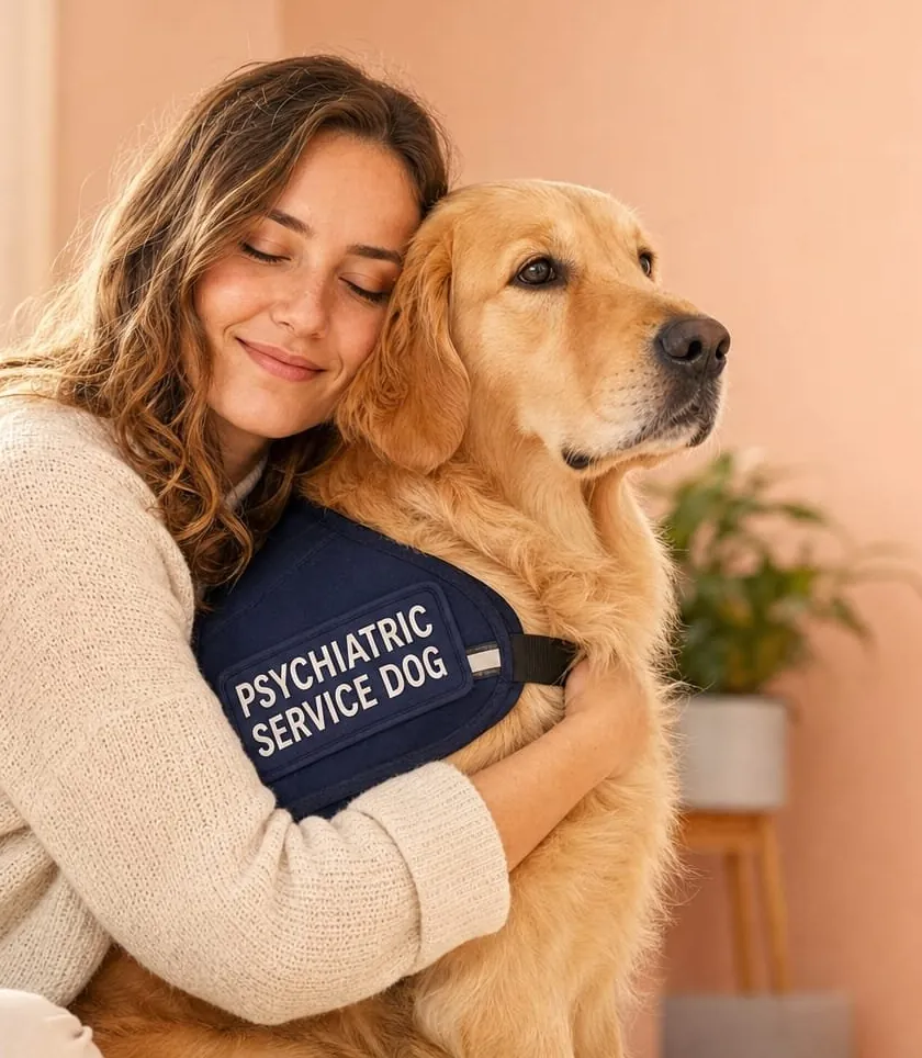Woman hugging her golden retriever, who wears a navy psychiatric service dog vest