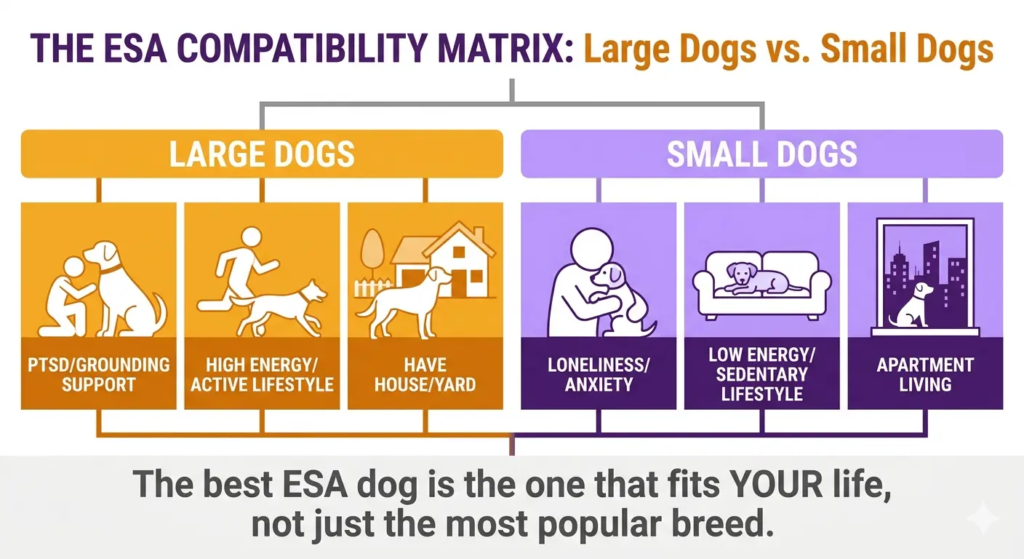 Infographic: ESA compatibility matrix comparing large dogs and small dogs