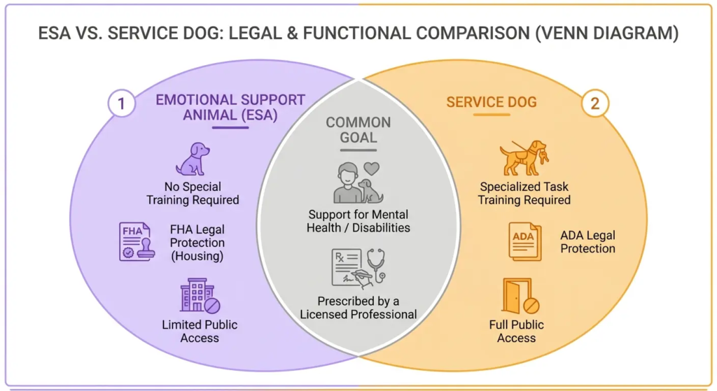 Infographic: Venn diagram comparing an emotional support animal and a service dog