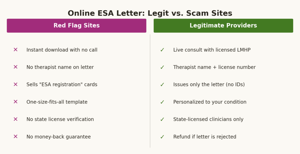 Comparison of legitimate ESA letters vs common online scams