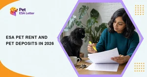 ESA pet rent and pet deposits: a woman at a kitchen table marking up her lease's pet addendum with a highlighter while her black long-haired cat sits beside the papers