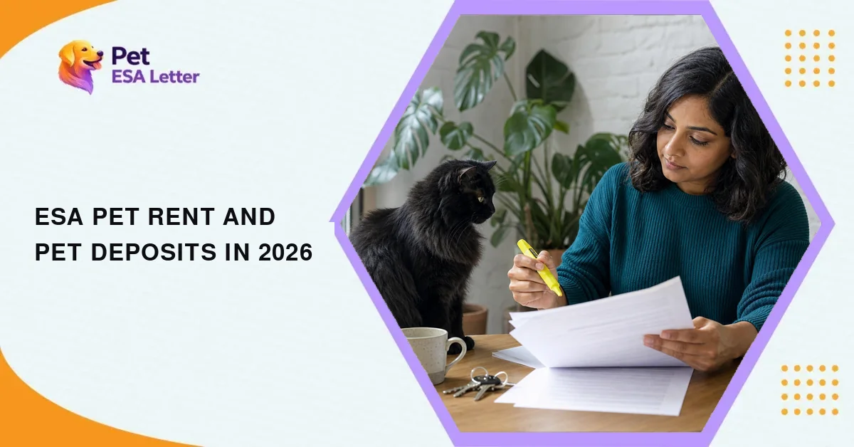 ESA pet rent and pet deposits: a woman at a kitchen table marking up her lease's pet addendum with a highlighter while her black long-haired cat sits beside the papers