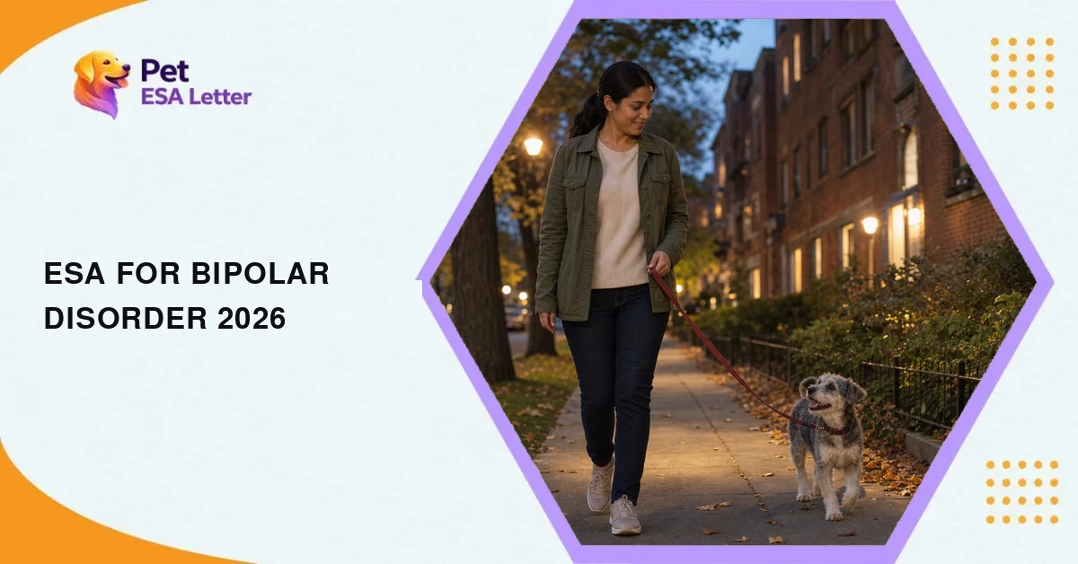 ESA for bipolar disorder: a woman in an olive jacket walking a small grey-and-white terrier along a tree-lined apartment street at dusk, the evening walk kept at the same time every day