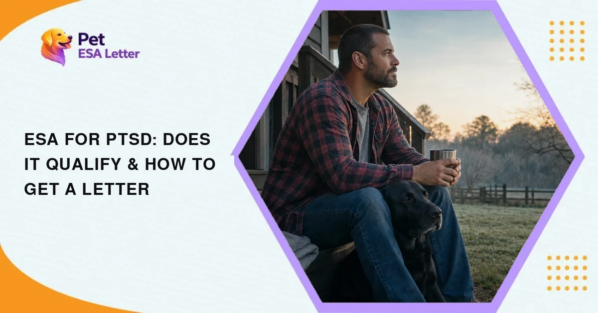 ESA for PTSD: a bearded man in a plaid shirt sitting on his back steps at dawn with a thermos, his black Labrador resting its head on his knee