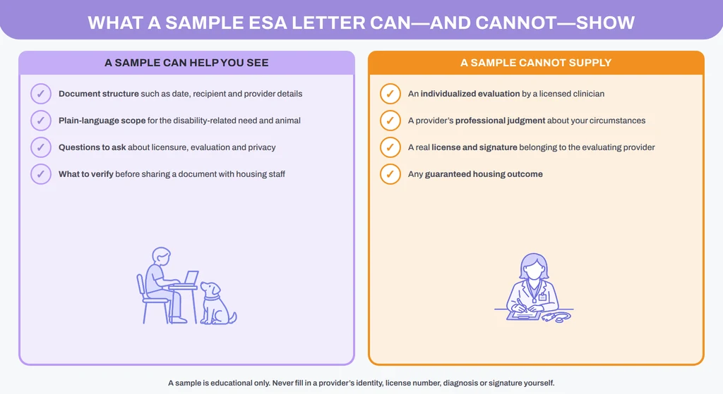 Sample ESA letter elements compared with what only a licensed clinician can provide