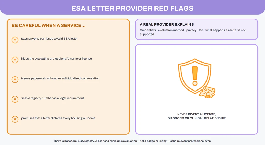 Red flags when someone offers an ESA letter without a qualified clinician