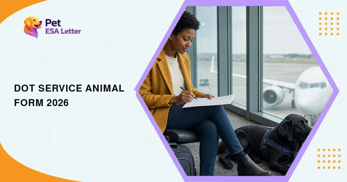 DOT Service Animal Air Transportation Form: a Black woman in her late twenties in a mustard wool coat sits at an airport gate with a black Labrador service dog in a plain navy harness lying at her feet, a printed form and a pen on her knee, a boarding-gate sign and a window onto the apron behind her