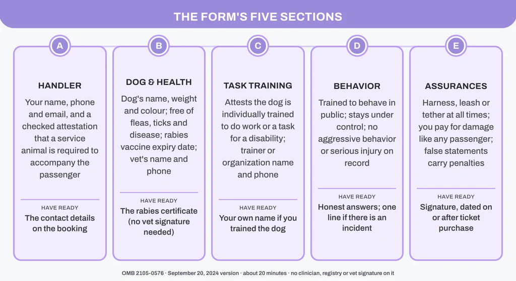 The five sections of the DOT Service Animal Air Transportation Form: A handler details, B dog identification, health and rabies vaccine, C task training, D behavior training, E other assurances and signature