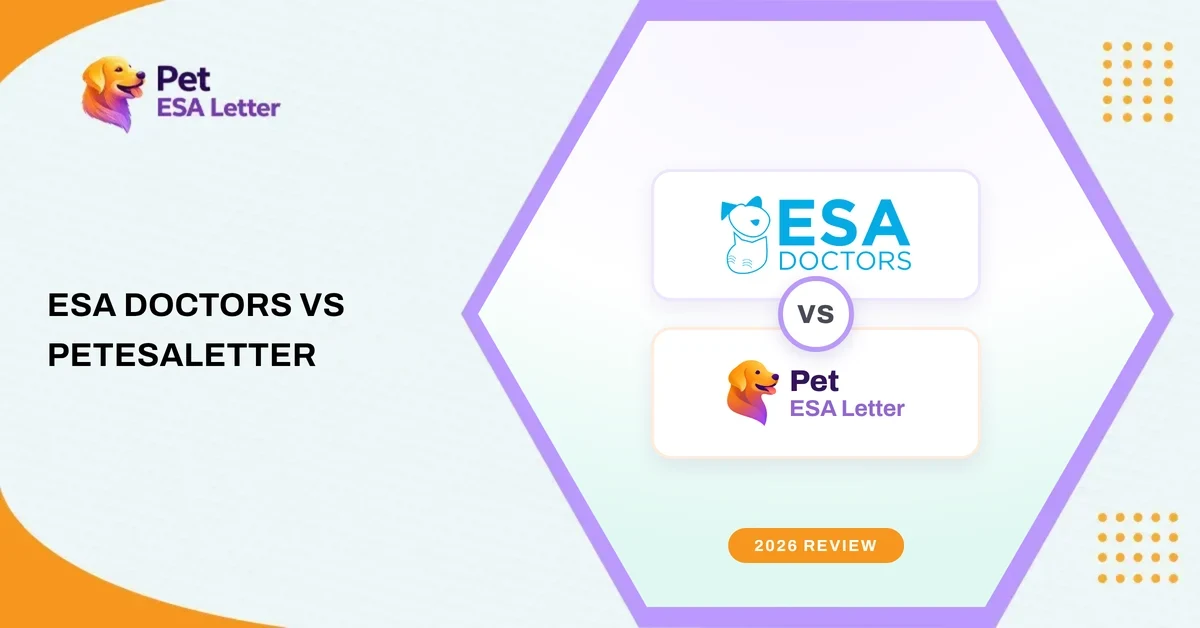 ESA Doctors vs PetESALetter: the two brand logos on stacked cards inside the PetESALetter hexagon, with a 2026 review ribbon