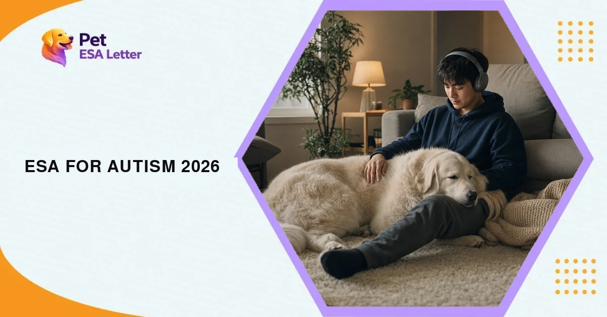 ESA for autism: a young man wearing over-ear headphones sits on the rug of a dim, quiet living room, a large cream-white dog asleep across his lap