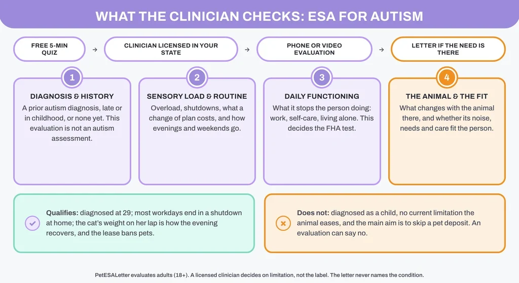 ESA evaluation for autism: the four things a licensed clinician checks, with a qualifies / does-not-qualify example