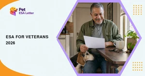 ESA letter for veterans: a man in his early sixties in an olive field jacket smiles at a letter at his kitchen table while a grey-muzzled beagle rests its chin on his knee