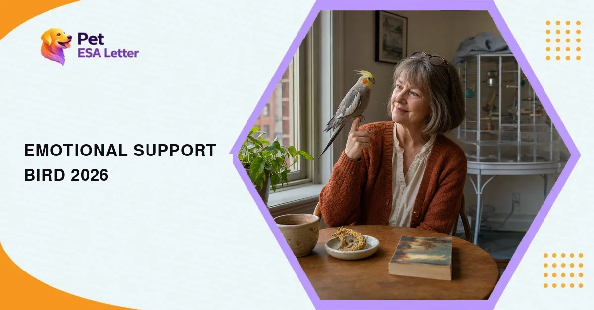 Emotional support bird: a woman in her sixties in a rust-orange cardigan smiles at a grey cockatiel perched on her finger at a window table, its flight cage on a washable mat behind her