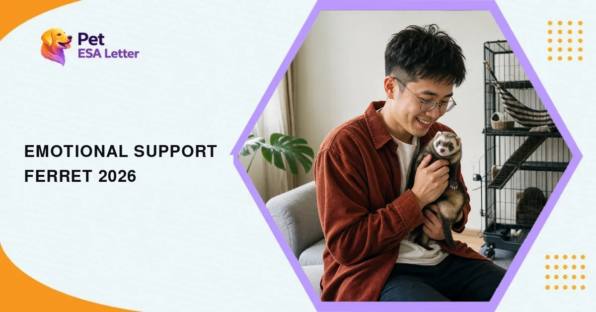 Emotional support ferret: a man in his early thirties in round glasses and a rust-red corduroy overshirt smiles at a sable ferret he holds against his chest on the sofa of a small rental apartment, a tall wire ferret cage with a striped hammock behind