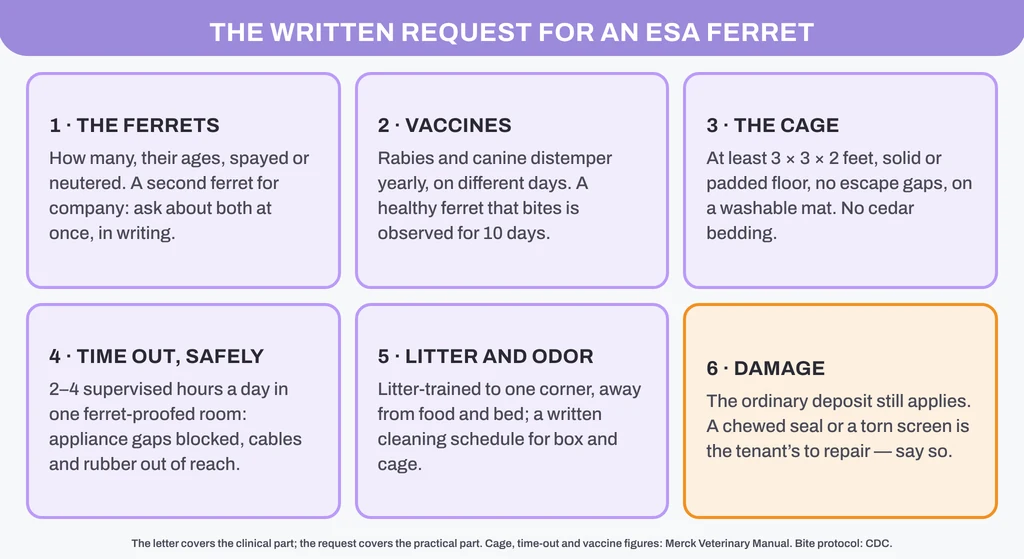 The written request for an ESA ferret: the ferrets, rabies and distemper vaccines, the cage, ferret-proofing and supervised time out, litter and odor, and damage