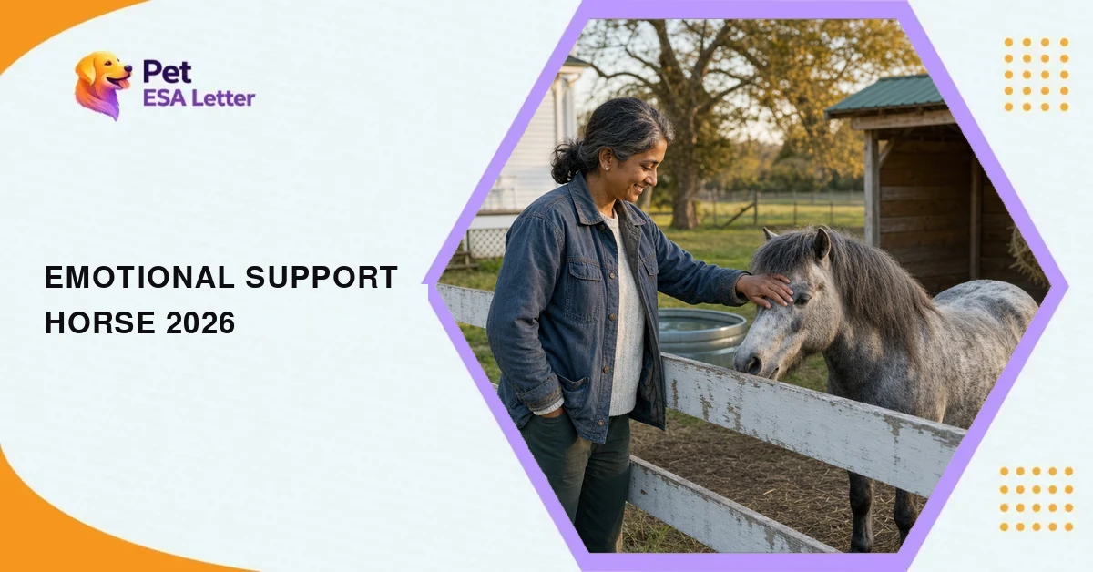 Emotional support horse: a woman in her early fifties in a faded denim work jacket smiles and rests her hand on a dappled grey miniature horse across a white paddock fence behind a rented farmhouse, a run-in shed and pasture behind