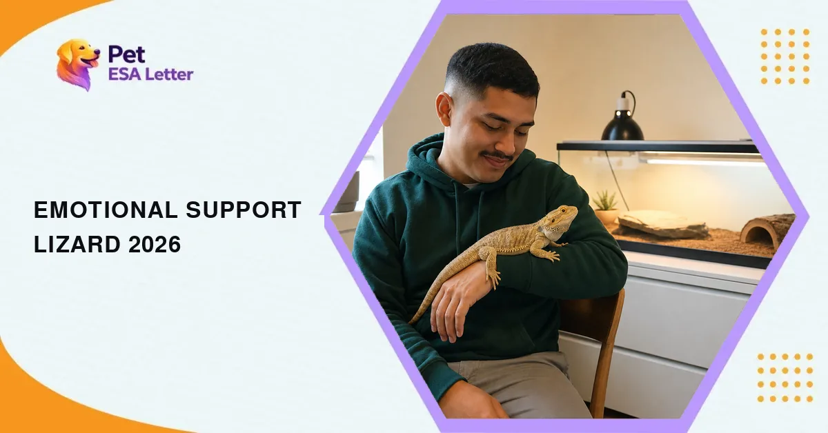Emotional support lizard: a man in his mid-twenties in a forest-green hoodie smiles at a sandy-yellow bearded dragon resting on his forearm in a small rental apartment, a long front-opening enclosure with a basking lamp and UVB tube on the dresser behind