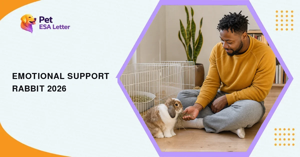 Emotional support rabbit: a young man sits cross-legged on the floor of a sunny studio apartment, hand-feeding hay to a brown-and-white lop-eared rabbit beside its exercise pen
