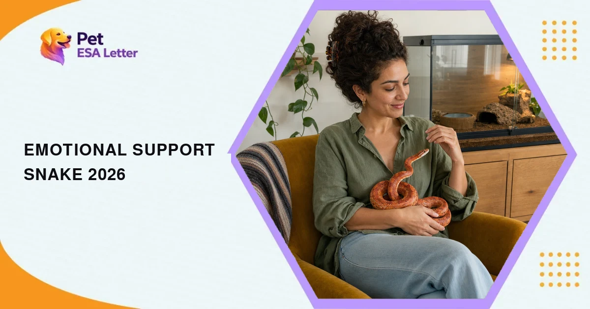 Emotional support snake: a woman in her late thirties in a sage-green linen shirt smiles at an orange corn snake coiled calmly in her lap, a closed glass terrarium on an oak cabinet behind her