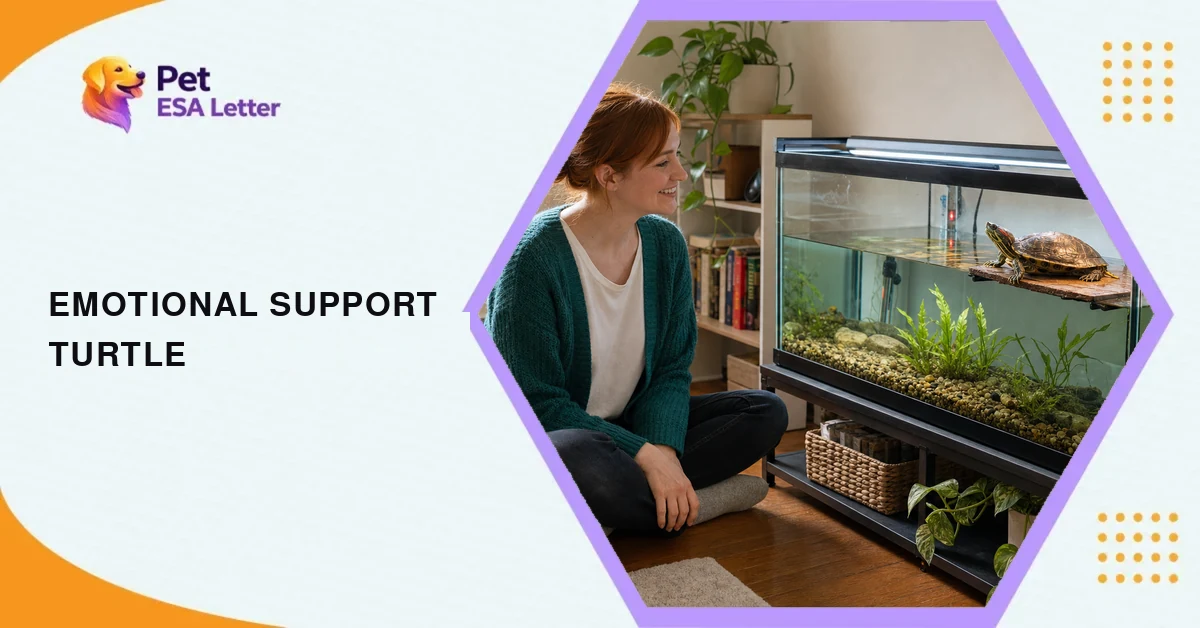 Emotional support turtle: a woman in her early thirties in a teal cardigan sits cross-legged on the floor of a small rental apartment, smiling at an adult red-eared slider basking on a dock under a lamp in a large glass tank with a UVB tube, a filter and a heater