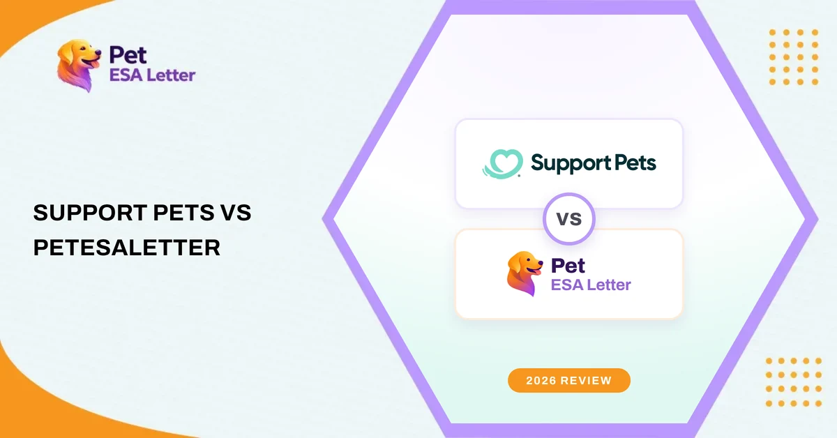 Support Pets vs PetESALetter: the two brand logos on stacked cards inside the PetESALetter hexagon, with a 2026 review ribbon