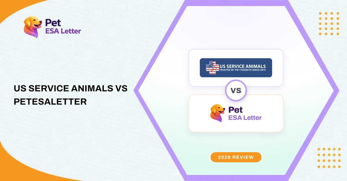 US Service Animals vs PetESALetter: the two brand logos on stacked cards inside the PetESALetter hexagon, with a 2026 review ribbon