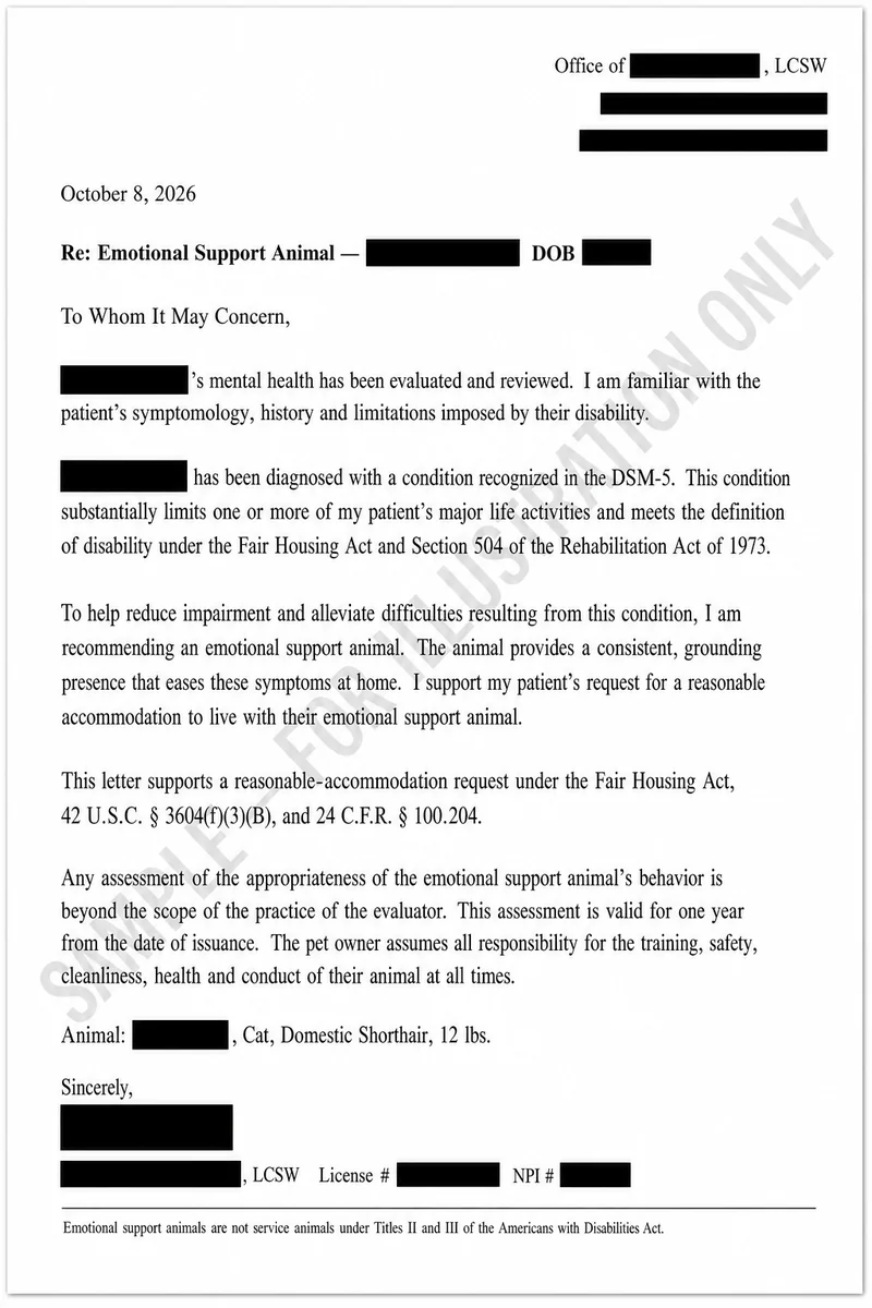Redacted sample ESA letter showing the letterhead, date, client line, DSM-5 disability statement, recommendation, Fair Housing Act citation, animal details and clinician signature block, with all personal details blacked out